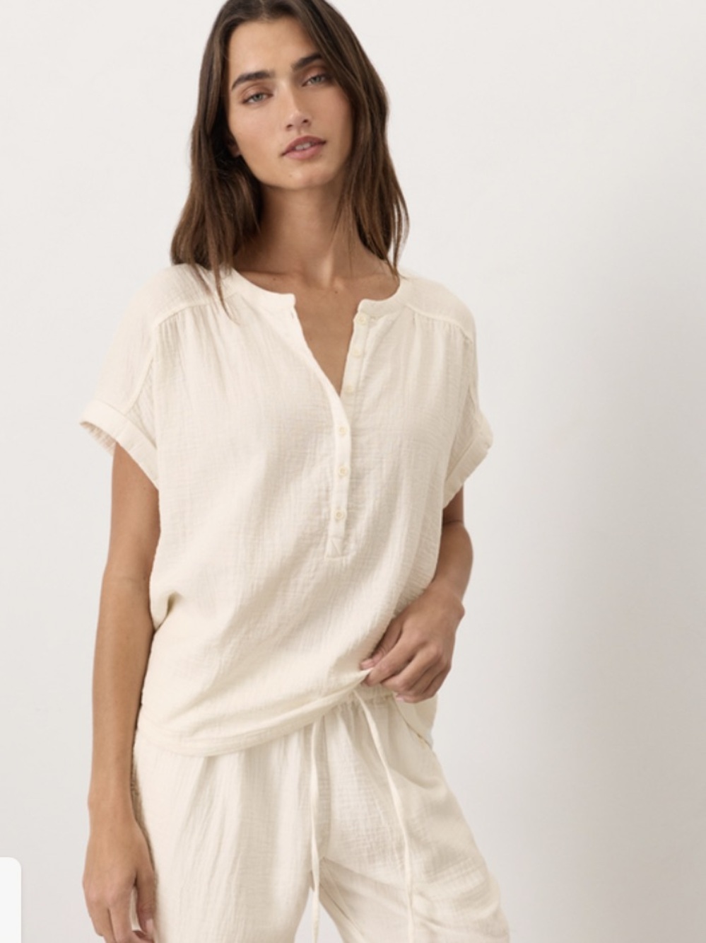 Pact Cream Button Henley Short Sleeve Top